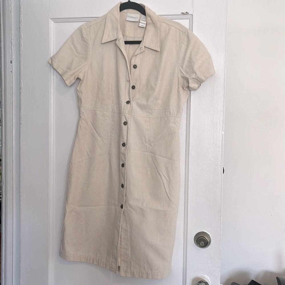 Vintage Cream Pinstripe Cotton Liz Claiborne Button Down Dress